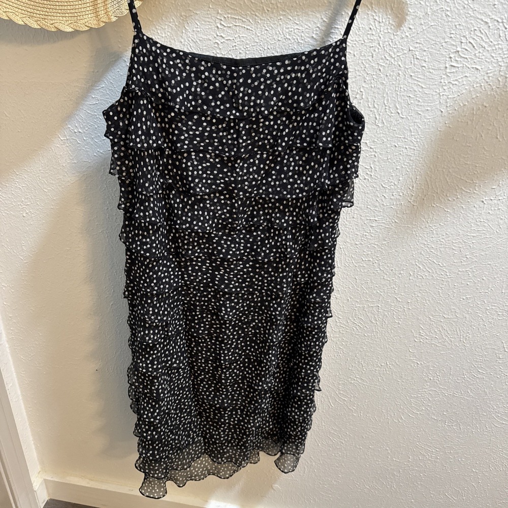 Talbots Pure Silk  Dress Tiered Lined Sleeveless Black Polka Dot Sz 8